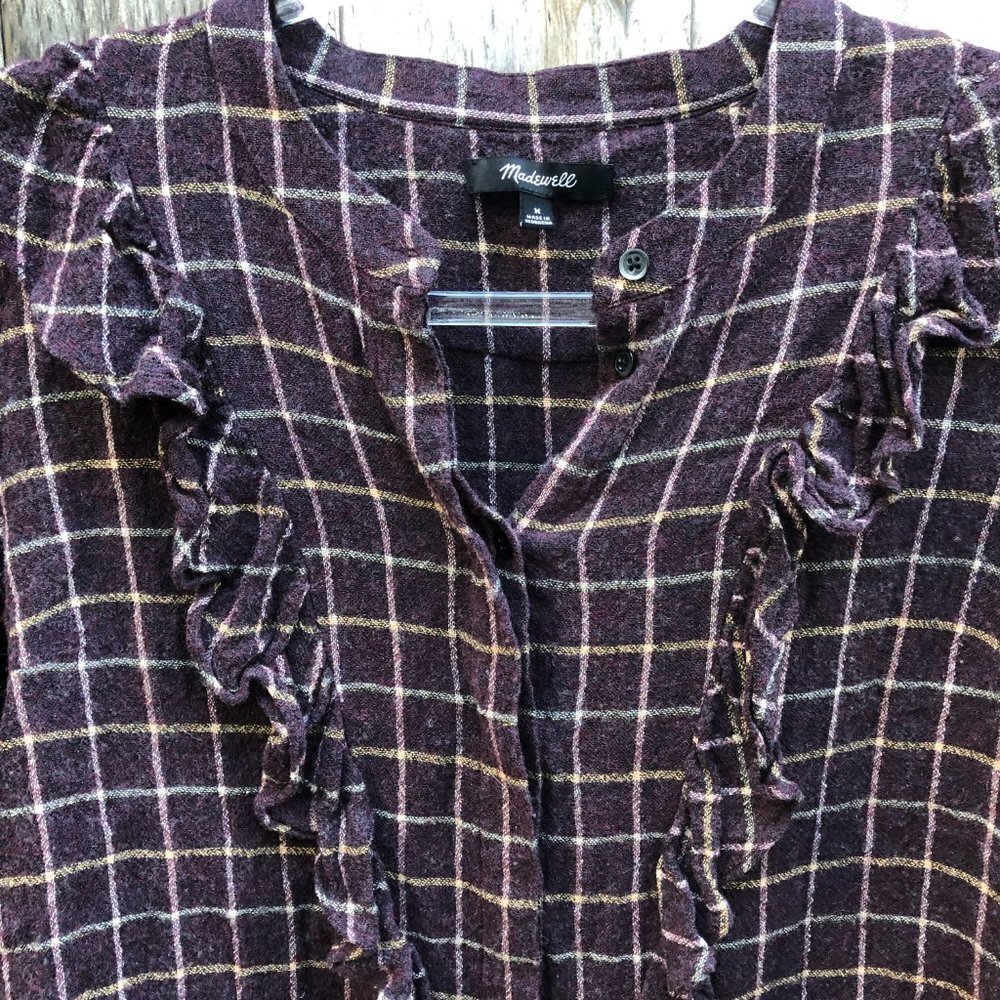 Madewell Purple Windowpane Plaid Ruffle Long Sleeve Top Medium - Picture 9 of 13